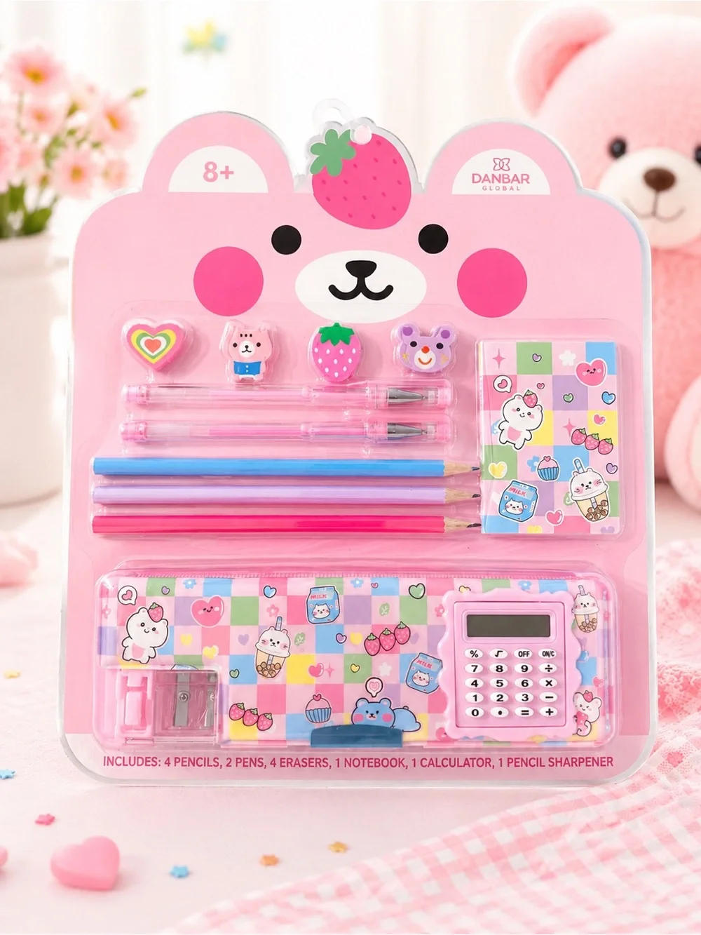 Cute Bear Strawberry Stationery Set Calculator Pencil Case Kawaii School Gift